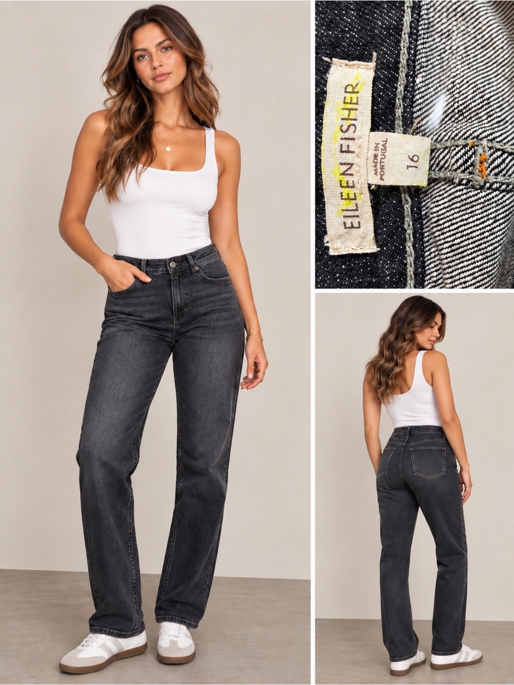 Eileen Fisher High-Rise Black Flecked Jeans Size 16
